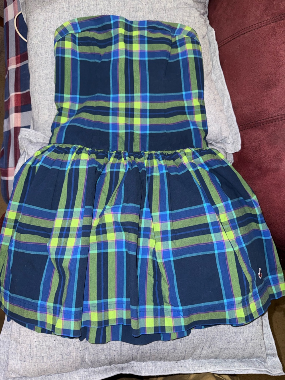 Navy Plaid Strapless Dress with Green & Blue Checks